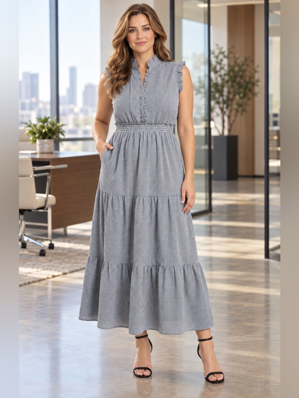 London Times RuffleSleeveless Tiered Maxi Dress in Light Blue Size 14W NWT